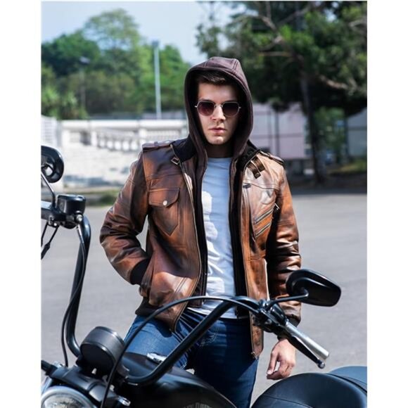 Men's Lambskin Jacket Genuine Leather Bomber Jacket with Removable Hood - Picture 5 of 5